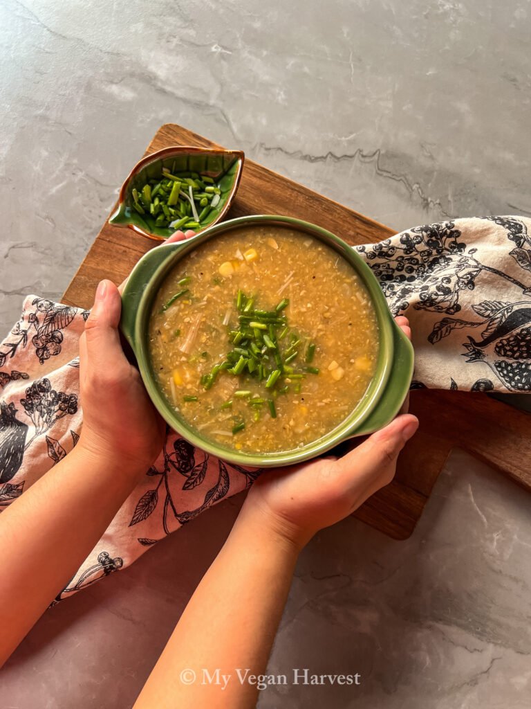 A bowl of this easy, quick, and savory recipe for vegan crab and corn soup