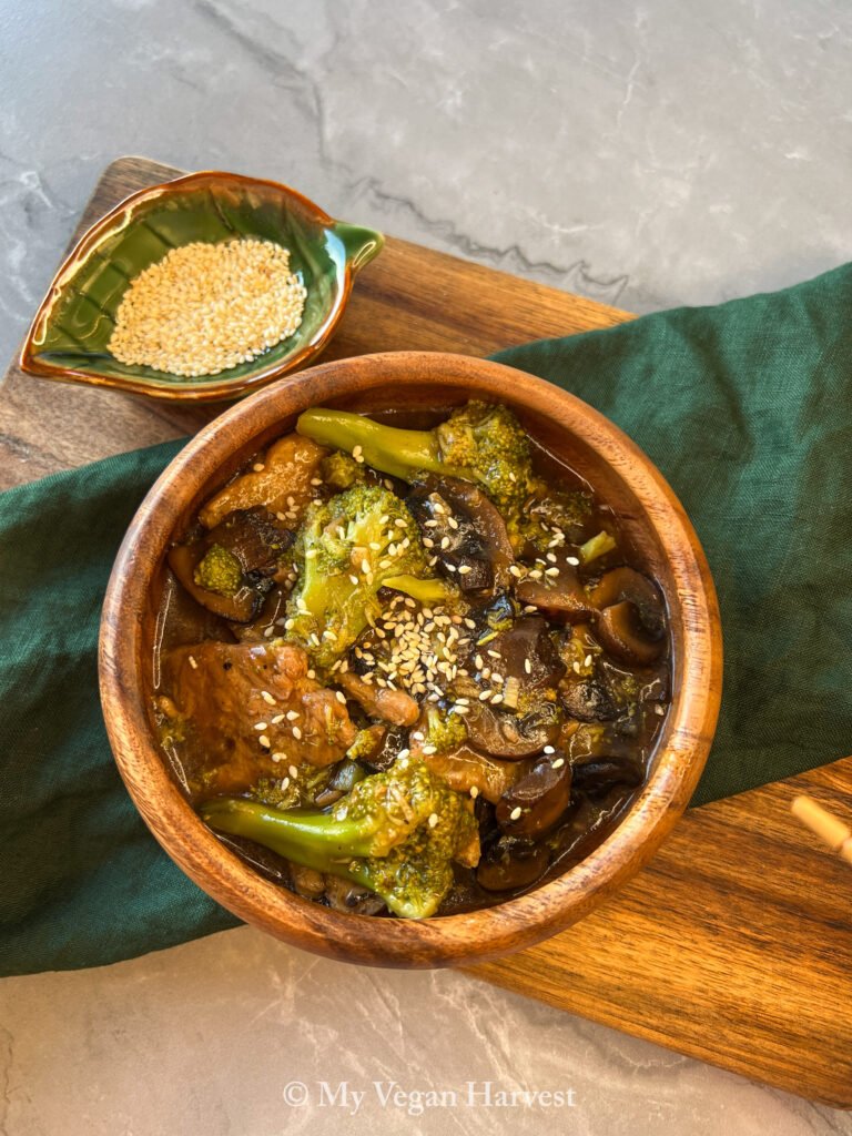 A delicious and savory bowl of vegan beef & broccoli