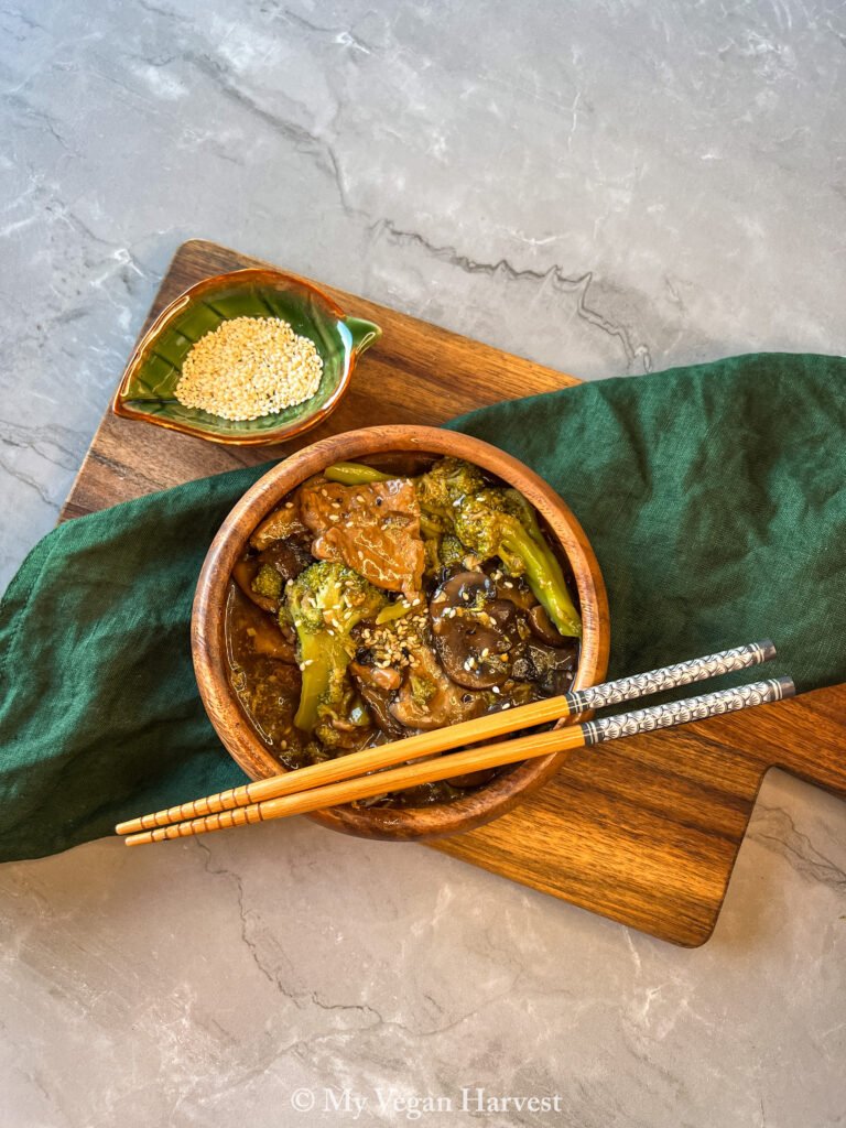 A delicious and savory bowl of vegan beef & broccoli