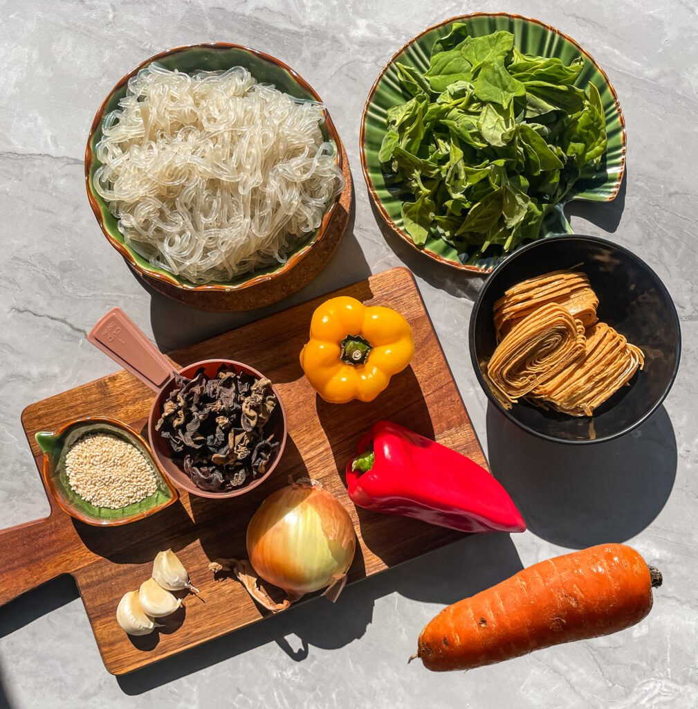 Photograph of the delicious mix of vegetables, noodles, and other ingredients for vegan japchae