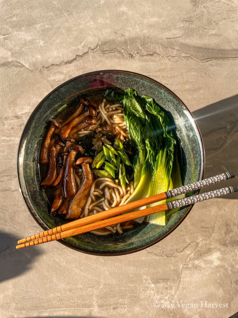 A delicious bowl of savory mushroom ramen noodle soup