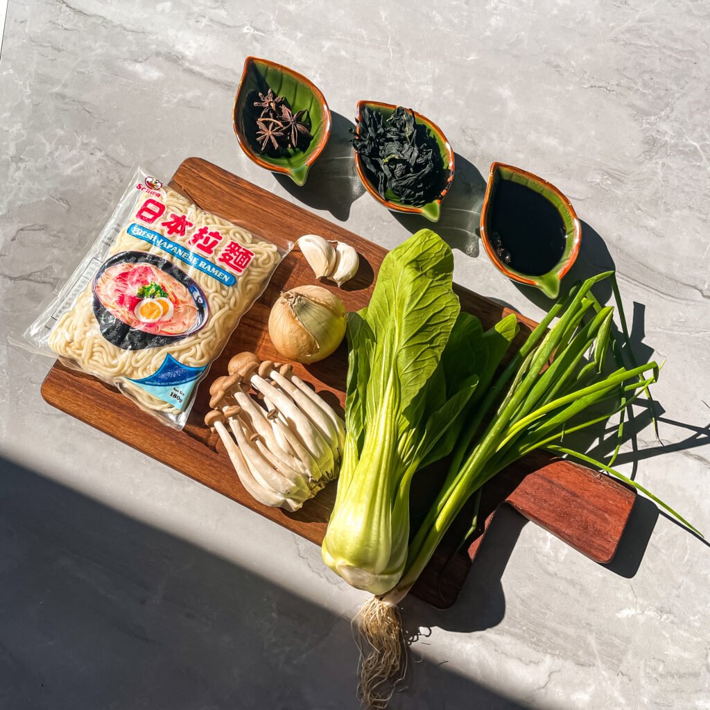 Photograph of delicious umami ingredients to create this easy bowl of mushroom ramen noodle soup