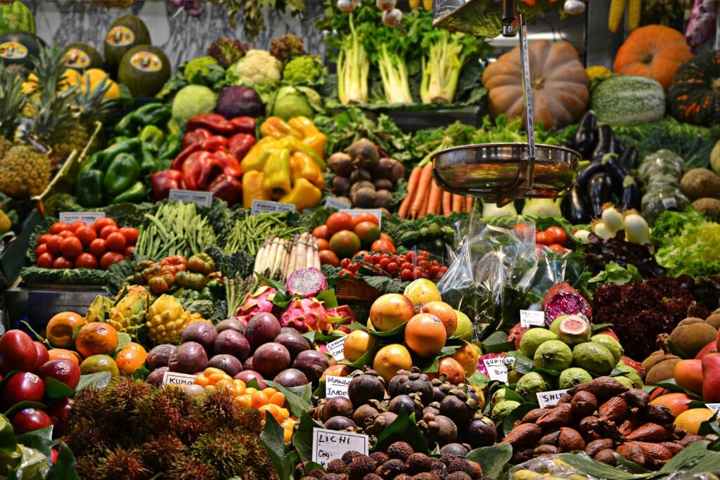 Picture shows vegetables and fruits in the market